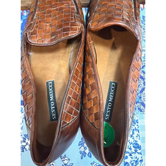 90s Italian Sesto Meucci Brown Leather Slip on Woven Braided Loafers Vintage - Picture 4 of 5